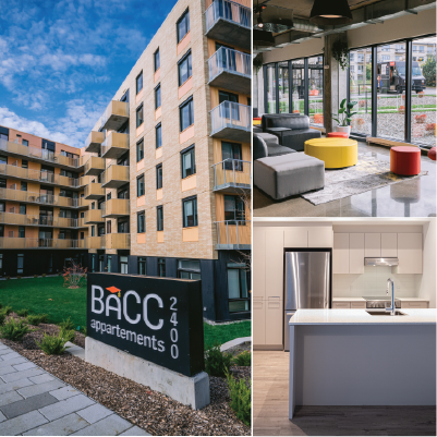 An exterior view of Le Bacc apartment building in Quebec City, an interior view featuring a furnished kitchen, and the building lobby.